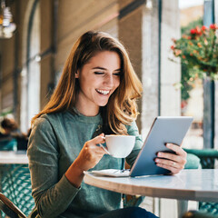 Happy young woman enjoying a cup of coffee at a cafe while using a digital tablet