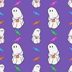 Colorful ghost wallpaper. Seamless pattern with ghost and candy on purple background.