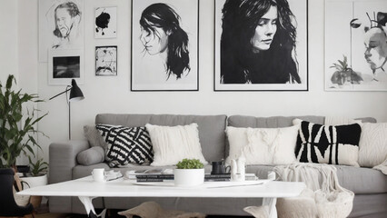 Minimalist Elegance: Modern Living Room with White Wall, Art Poster, and Stylish Furniture