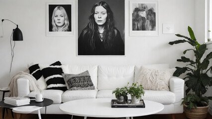 Chic Contrast: White Sofa and Black Coffee Table in a Scandinavian Boho Living Room