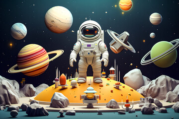 Naklejka premium 3d illustration space set: astronaut, planet, satellite, rocket, ufo, comet cartoon objects, generative ai