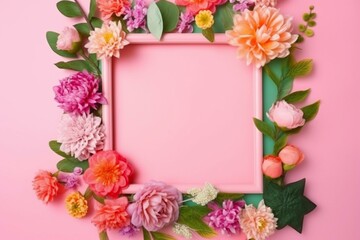 Colorful flowers and green leaves surrounding a pink photo frame on a pink background. Generative AI