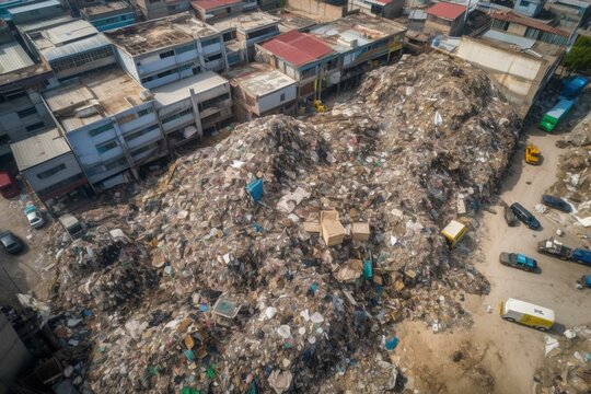 An aerial view of an urban garbage dump filled with waste, symbolizing ecological disaster and pollution. The concept of recycling trash in the city. Generative AI