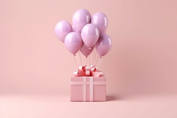 Pastel gift box and balloons on a light pink background with shadow. Generative AI