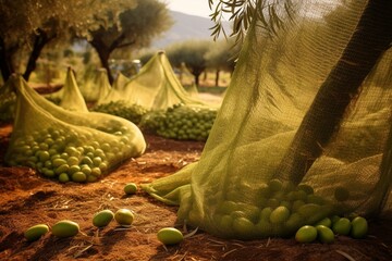 Fresh olives sacks in field, Crete, Greece. Olive oil production, green nets. Generative AI - obrazy, fototapety, plakaty