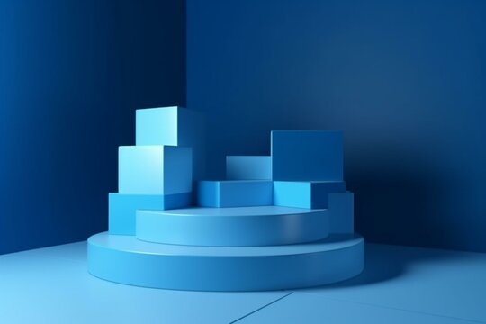 3D-rendered podium for product presentation on blue cube background. Generative AI