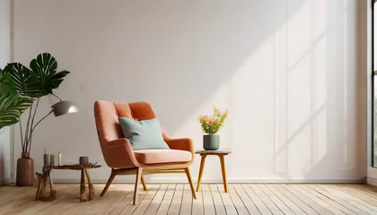 Foto op Plexiglas Interior of a bright living room with armchair on empty white wall background. © Donald