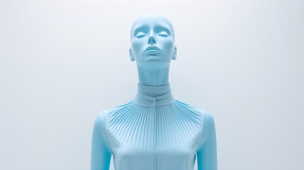 A baby blue shirt adorning a mannequin with a crisp white background.