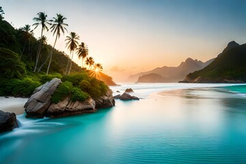 Imagine yourself on a pristine white sandy beach with crystal-clear turquoise waters, palm trees swaying gently in the breeze, and vibrant tropical flowers. This wallpaper brings a sense of relaxation - obrazy, fototapety, plakaty