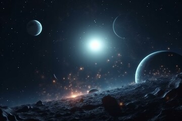 Cosmic planetary scene with starry sky. NASA supplied space background. 3D rendered. Generative AI
