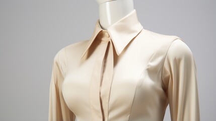 A creamy beige shirt gracefully presented on a mannequin against a pristine white background.