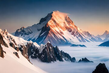 A majestic view of snow-covered mountain peaks rising above the clouds. The stark contrast between the white snow, blue sky, and rugged terrain creates a striking backdrop - obrazy, fototapety, plakaty