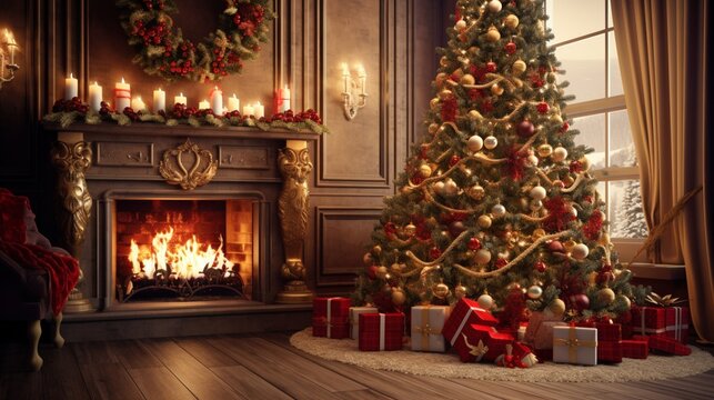 A beautifully adorned Christmas tree glistening with lights and ornaments, standing in a cozy living room with a warm fireplace.