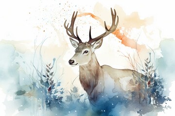 Winter-themed illustration featuring a deer and watercolor design. Generative AI