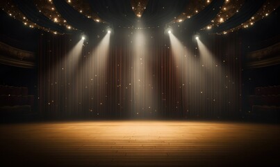 Empty Theater Stage with Spotlight and Wooden Floor - obrazy, fototapety, plakaty