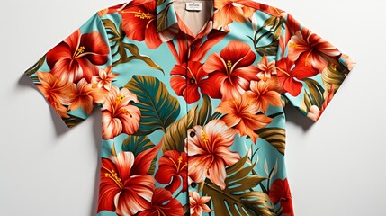 a Hawaiian aloha shirt with vibrant floral patterns and a transparent background in PNG format. - obrazy, fototapety, plakaty