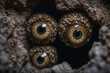 Fototapeta premium The gaze of strange eyes in the depths of a mysterious cave, creature eyeball