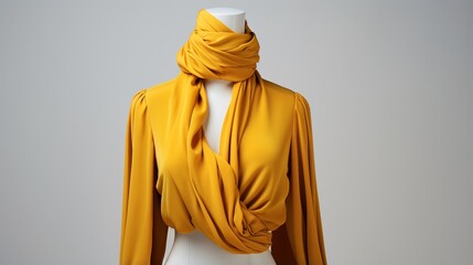 A mustard yellow shirt draped on a mannequin against a white studio backdrop.