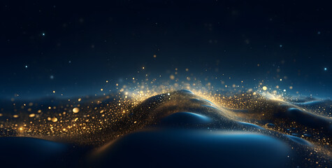 3D render of abstract digital wave background with golden lights and particles - obrazy, fototapety, plakaty
