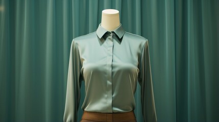 A muted teal shirt elegantly presented on a mannequin.