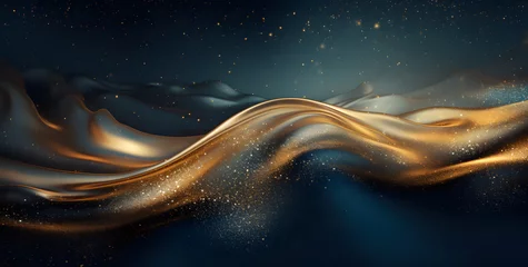 Keuken foto achterwand 3D render of abstract digital wave background with golden lights and particles © wing