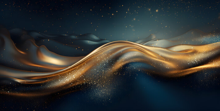 3D render of abstract digital wave background with golden lights and particles