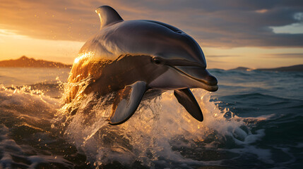 Sunset Splash: Dolphin Jumping from the Sea