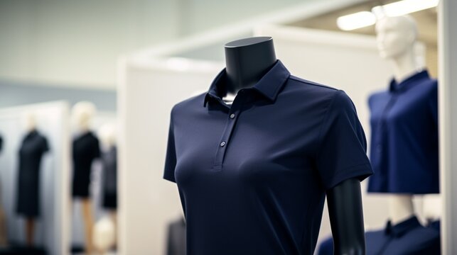 A navy blue shirt on a sleek mannequin.