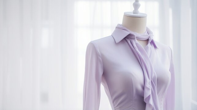 A pale lavender shirt gently placed on a mannequin with a pristine white background.