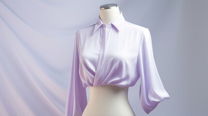 A pastel lilac shirt draped on a mannequin with a white backdrop.