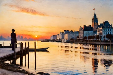 Obraz premium city sunset view