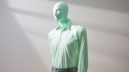 A pastel mint green shirt adorning a mannequin against a solid white backdrop.