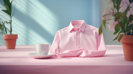 A pastel pink shirt showcased in a fashionable setting.
