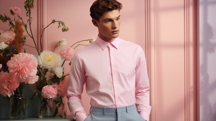 A pastel pink shirt showcased in a fashionable setting.
