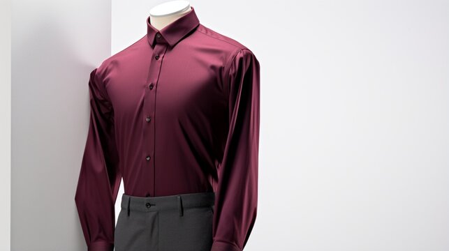 A rich maroon shirt displayed on a mannequin against a pure white background.