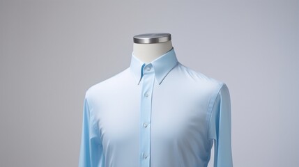 A sky blue shirt gracefully presented on a mannequin with a bright white background.