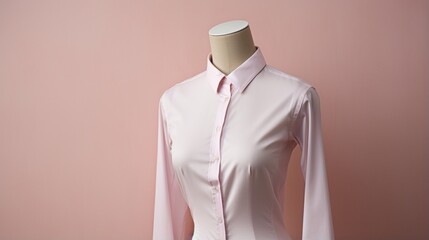 A soft pink shirt gracefully displayed on a mannequin with a white background.