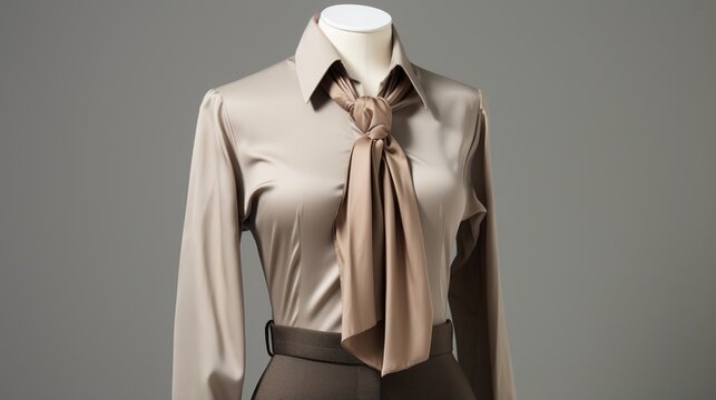 A sophisticated taupe shirt displayed on a mannequin against a spotless white backdrop.