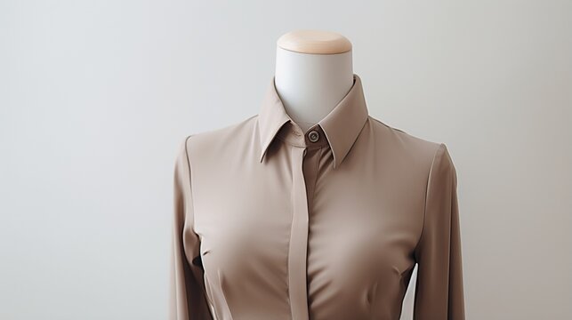 A sophisticated taupe shirt displayed on a mannequin against a spotless white backdrop.