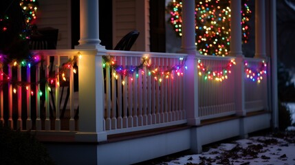 A colorful array of Christmas lights wrapped around a front porch railing, creating a festive and welcoming atmosphere.