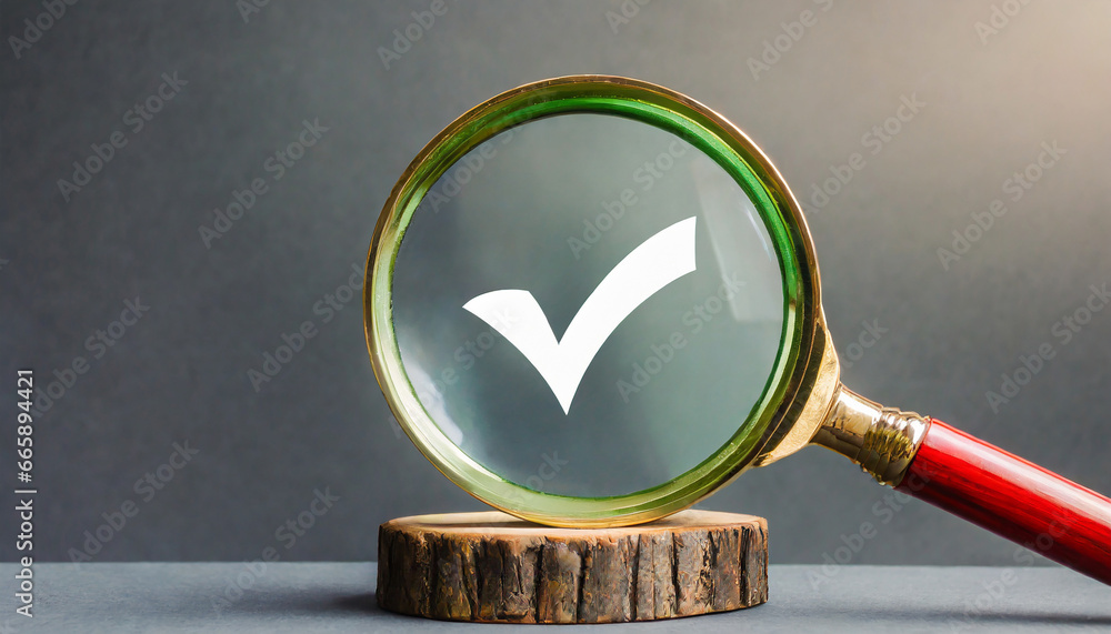 Poster magnifier enlarging the correct or check mark on gray background. business industrial quality contro