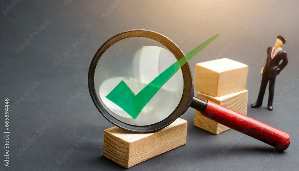 Poster magnifier enlarging the correct or check mark on gray background. business industrial quality contro