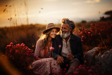 beautiful mature couple sitting together on summer field among wildflowers. togetherness. romantic relationship
