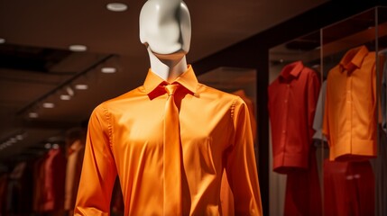 A tangerine shirt displayed with panache on a mannequin.