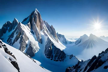 Fotobehang **A majestic view of snow-covered mountain peaks rising above the clouds. The stark contrast between the white snow, blue sky, and rugged terrain creates a striking backdrop. © Malik