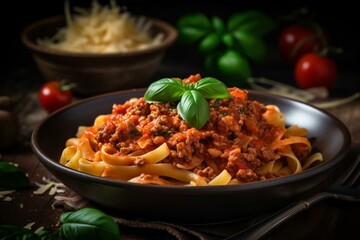 Traditional Italian pasta dish with meaty tomato-based sauce. Generative AI