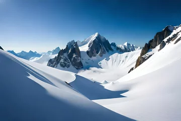 Deurstickers **A majestic view of snow-covered mountain peaks rising above the clouds. The stark contrast between the white snow, blue sky, and rugged terrain creates a striking backdrop. © Malik