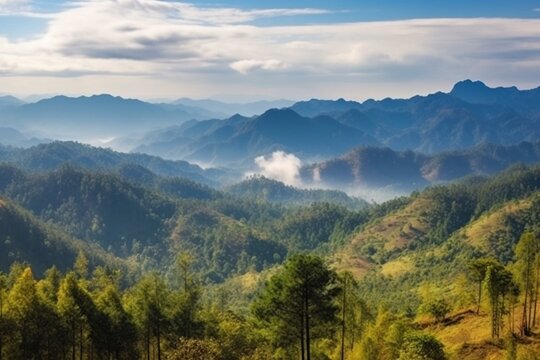 Stunning nature scene of mountain forest landscape with cloudy sky in Maehongson, Thailand. Panorama view. Generative AI