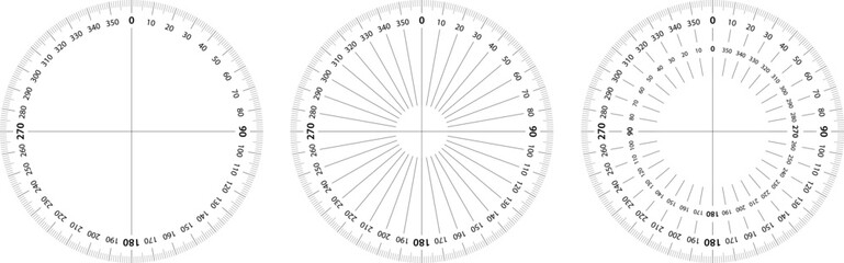 Protractor circle to measure geometrical angles and coordinates. Digital compass 360 degree round scale. Radial radar scanner system screen. - obrazy, fototapety, plakaty