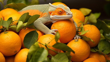 A chameleon with protective colors among oranges - obrazy, fototapety, plakaty